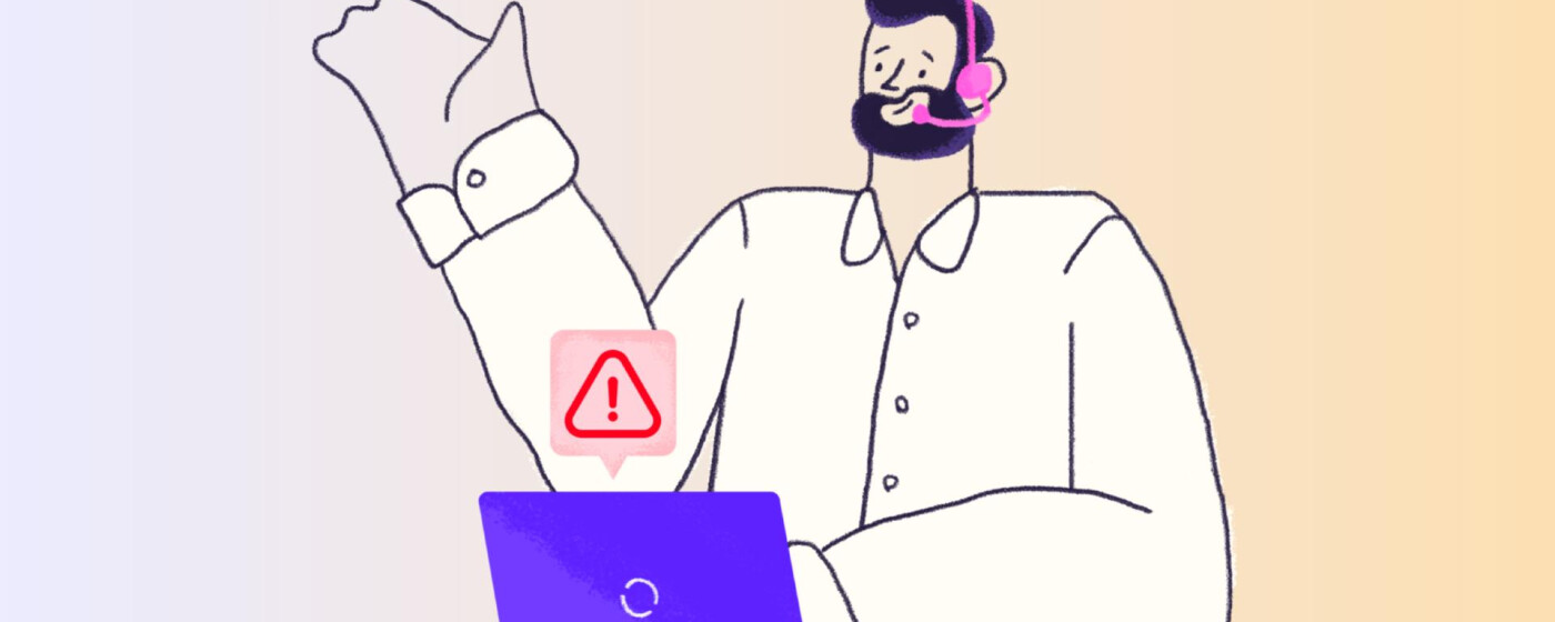 Agent microphone call quality represented by an illustration of an agent wearing a headset with an alert icon displayed above their laptop.